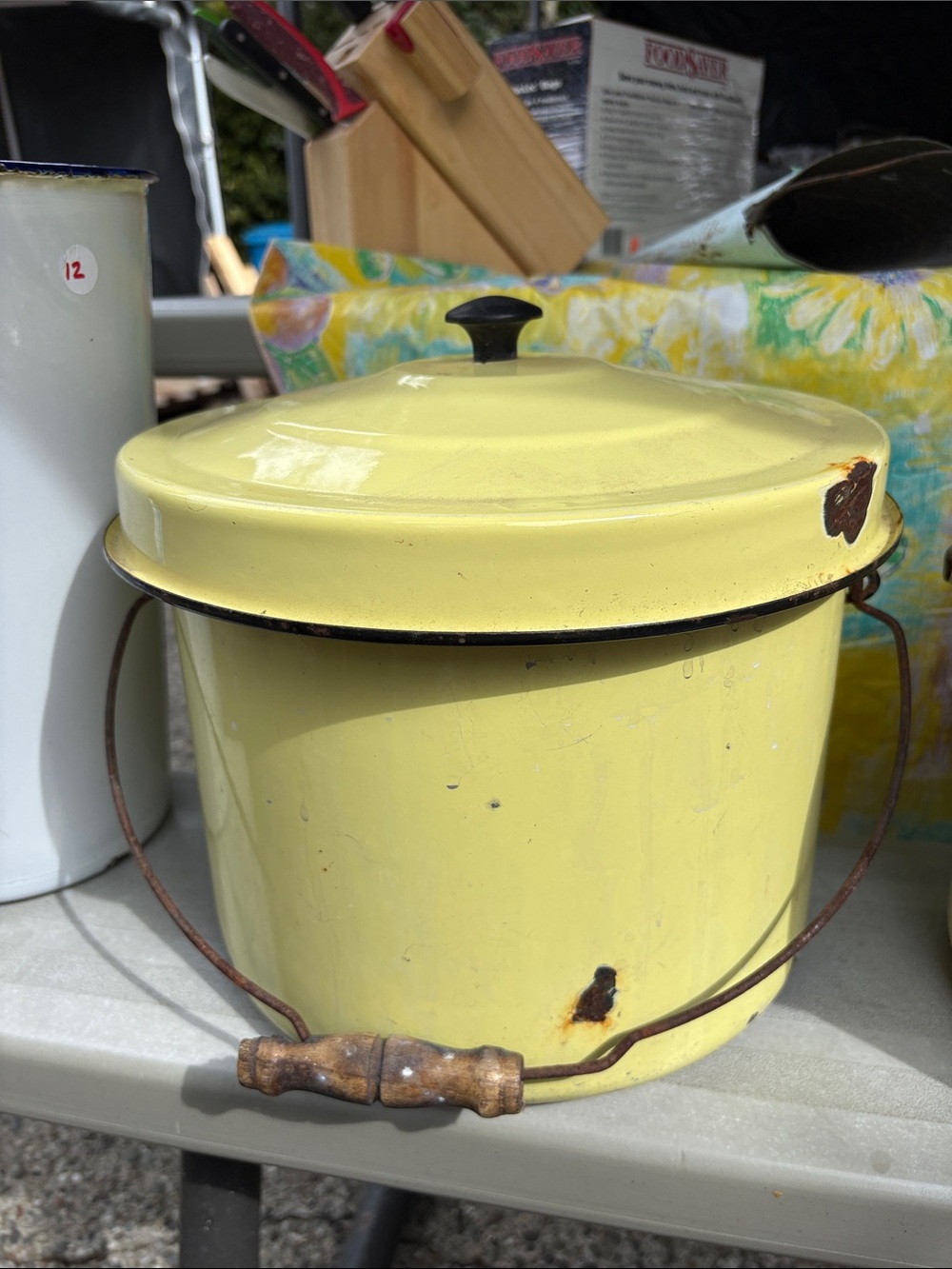 Yellow Enamel Covered Kitchen Pail with Wooden Handle